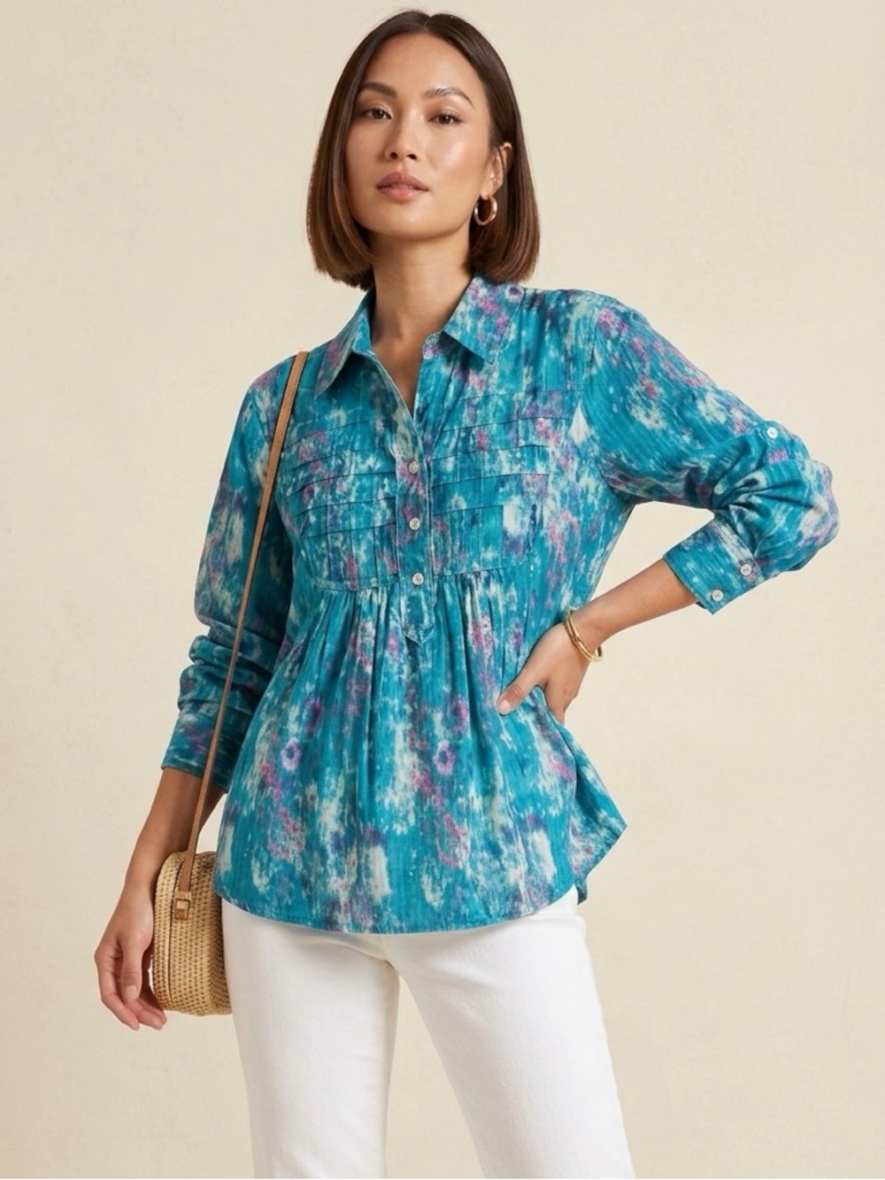 Westbound Petites NWT Cotton Abstract Monet Print Roll Tab Sleeve Blouse Size PM